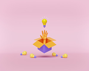 Fototapete - Think outside the box business concept. box, hand and bulbs isolated on pastel pink background. creative idea. Conceptual minimal design. 3d rendering
