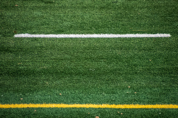 Wall Mural - View of artificial turf and white and yellow line markings on American football field