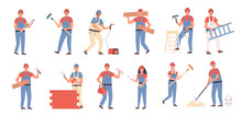 Builders And Repair Masters Flat Vector Illustrations Set. Construction And Repair Work, Constructing And Renovation. People With Building Tools Cartoon Characters Bundle Isolated On White Background