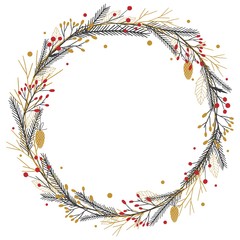 Vector festive Merry Christmas and Happy New Year wreath, frame with hand drawn season doodle elements. Xmas tree, symbols, red berries on white background, copy space. Minimal round retro template.