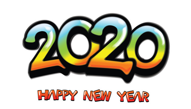 Vector Happy New Year 2020 text design with graffiti letters concept isolated on white background.