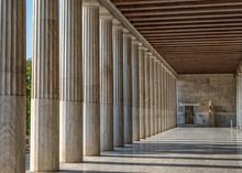 Ionic Columns Inside Stoa Of Attalos, Ancient Agora Of Athens Before Sunset