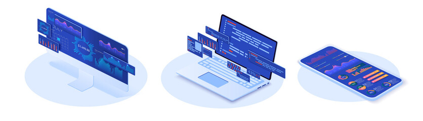 Software development coding process concept. Online financial audit. Isometric website metrics, statistical graphs dashboards and web seo research. Application of laptop,pc,phone with business graph.