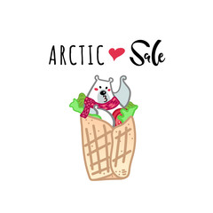  Vector illustration, funny kissing polar bear in the spring roll with tomato and green salad. Line cartoon style, with 