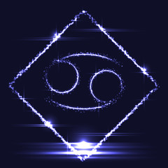 Wall Mural - Astrological symbol of Cancer. Abstract vector shiny western Zodiac Horoscope sign in glowing rhomb border frame on dark blue background.