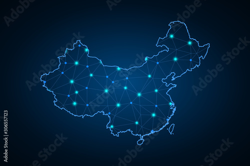 Fotomural Map of Republic of China from Polygonal wire frame low poly mesh, contours network line, luminous space stars, design sphere, dot and structure