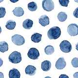 Fototapeta Uliczki - Hand-painted seamless polka dot pattern. Abstract watercolor shapes in indigo blue.