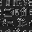 © sinoptic - Hand drawn seamless vector pattern with Books on blackboard. Notebooks, Notepads and Diaries. Sketch Stack of books. Office stuff, student desk. Cartoon style illustration. Doodle elements. School