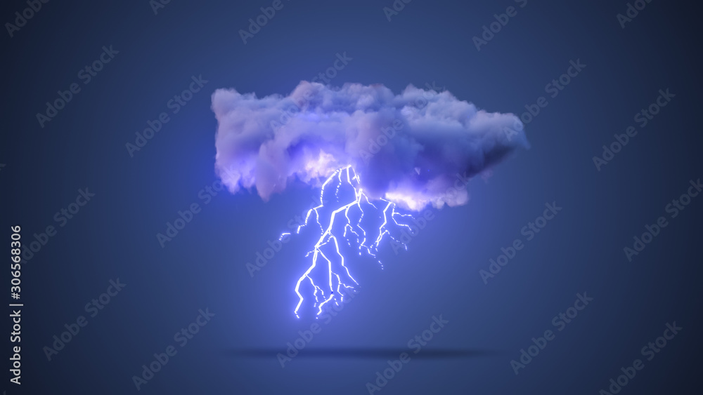 3D Realistic Render of a Cloud with Rain and Lightning Bolt - obrazy, fototapety, plakaty 
