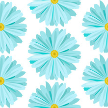 Blue Daisy Flowers On White Background, Seamless Pattern Vector