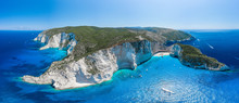 Aerial Panorama Drone Shot Of Zakynthos North End With Navagio Beach And Yachts In Ionian Sea