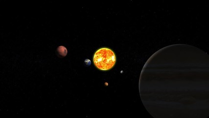 Wall Mural - Solar system fictional animation with planets orbiting around the sun, Mercury Venus Earth Mars Jupiter. Contains public domain image by Nasa.