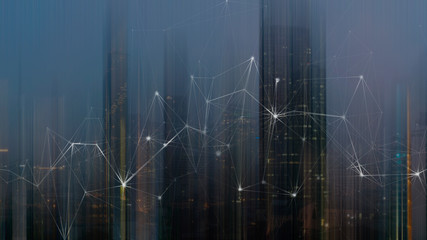 Fototapete - Wireless network and Connection technology concept with Abstract buildings and city background