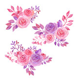 Fototapeta Kwiaty - Watercolor bouquets of pink and purple roses and leaves.