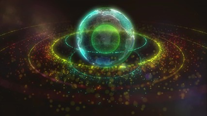 Wall Mural - digital globe with star dust rings on a nebula background. 3d animation of space with digital explod