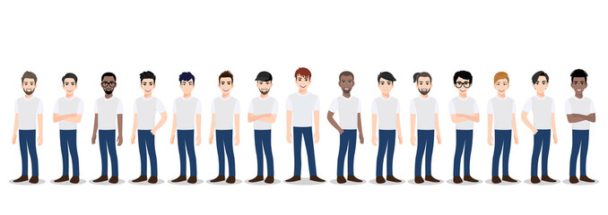 Cartoon character with the men team in T-shirt white and blue jean casual. Teamwork concept flat vector illustration.