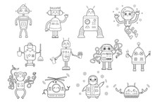 Coloring Page Outline Of Cartoon Robots. Vector Set For Kids.
