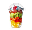 Cup with tasty fruit salad on white background