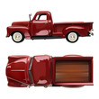 old vintage classic pickup red truck vector realistic illustration on white isolated background. side and top view