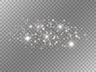 Poster - White sparks on transparent background. Glitter and shining dust. Christmas light effect. Magic sparkles and stars. Glowing particles and glare. Vector illustration