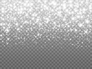 Poster - Silver glitter particles on transparent backdrop. Falling shining stars and stardust. White glowing confetti. Christmas light effect. Greeting card template. Vector illustration