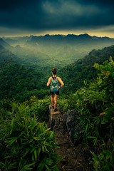 Cat Ba National Park Top of the Hill Young Woman enjoys beautiful view from the Ngu Lam peak in Kim Giao forest,