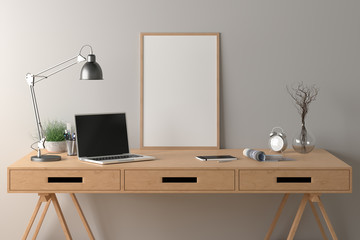 Wall Mural - Workspace with vertical poster mock up on the desk. Desk with drawers in interior of the studio or at home with white wall. Clipping path around poster. 3d illustration.