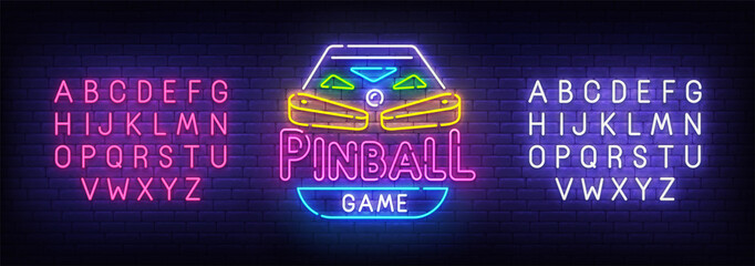 Wall Mural - Pinball neon sign, bright signboard, light banner. Pinball logo, emblem. Neon sign creator. Neon text edit. Vector illustration