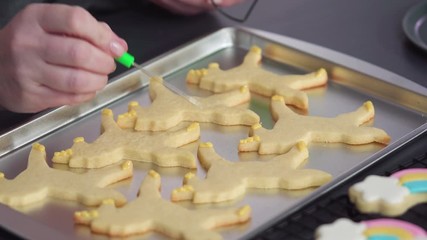 Poster - Step by step. Decorating unicorn sugar cookies with royal icing on baking sheet.