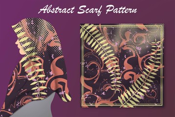  Abstract scarf pattern design for hijab fashion. Hijab scarf with splash brush ink and leaves for Printing Production.