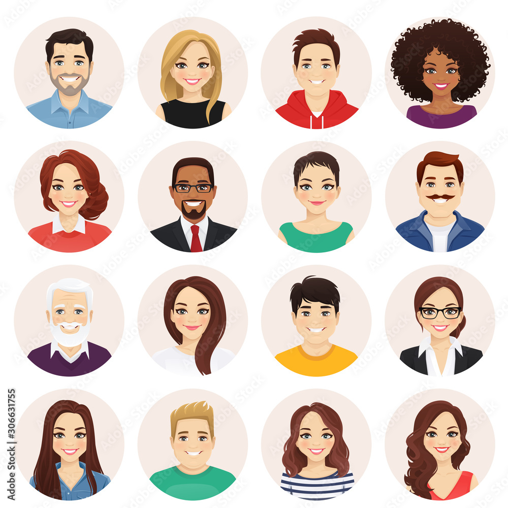 Smiling people avatar set. Different men and women characters collection. Isolated vector illustration. - obrazy, fototapety, plakaty 