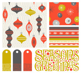 Set of new coordinating holiday seamless patterns, gift tags and design elements for gift wrap, cards and decoration. Simple flat retro style for Christmas and New Years. Vector illustration.