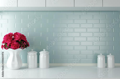 水色の壁とキッチンとキャニスターと観葉植物 Stock Photo Adobe Stock