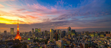 Panorama Of Tokyo City Skyline View And Tokyo Tower Building At Japan With Sunset And Colorful Sky. Beautiful Of Cloud And Sky In Dusk And Twillight. Tokyo Financial And Business Center Zone.