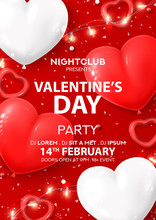 Happy Valentine's Day Party Flyer. Vector Illustration With Realistic Air Balloons, Sparkling Light Garland, Red Hearts And Confetti On Red Background. Invitation To Nightclub.