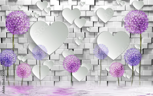 Nowoczesny obraz na płótnie 3d mural wallpaper bricks background white rose paper flowers, colorful dandelions and 3d hearts and colorful dandelions