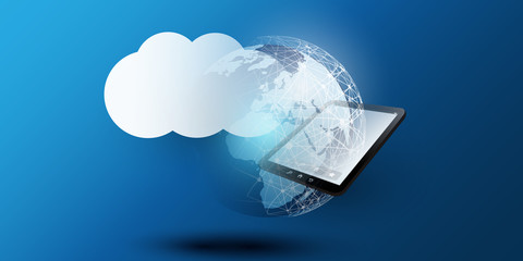 Poster - Cloud Computing Design Concept - Digital Connections, Technology Background with Earth Globe, Tablet PC Device and Geometric Network Mesh
