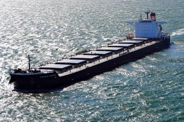 Wall Mural - aerial view of a cargo ship in the Channel