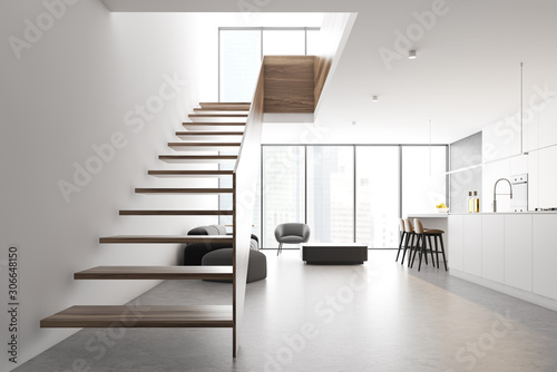 Cuadros en Lienzo Panoramic white living room and kitchen