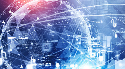 Poster - futuristic planet hologram and internet connection interface in moscow city. concept of cyber securi