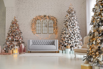 Poster - Beautiful interior of living room with decorated Christmas trees