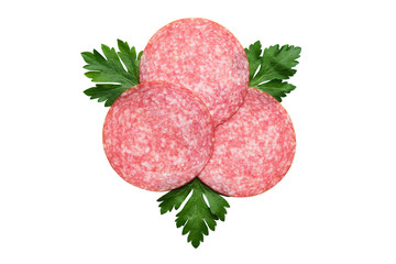 sliced salami sausages with parsley on white background isolated