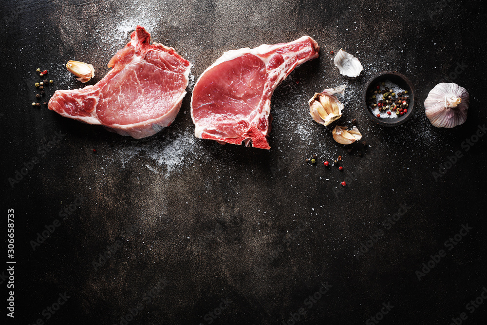 Raw meat with ingredients for cooking - obrazy, fototapety, plakaty 