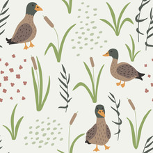 Hand Drawn Seamless Pattern With Ducks And Grass. Wild Ducks In Natural Landscape Repetitive Background. Trendy Vector Illustration.