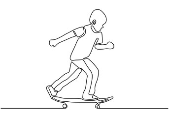 Wall Mural - Continuous one line drawing of skateboard player. Sport vector illustration theme. Person playing game for exercise and hobby isolated on white background.