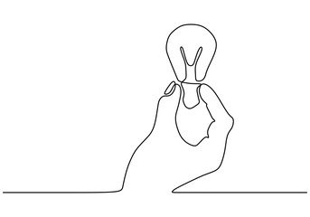 Wall Mural - Continuous one line drawing of hand holding light bulb symbol of idea and creativity.