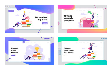Poster - Way to Success, Office Work Cooperation, Business Vision and Education Website Landing Page Set. Man Pushing Trolley with Books, People at Briefcase Web Page Banner. Cartoon Flat Vector Illustration