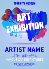 Sticker - abstract colorful splash vector flyer template of art exhibition in violet color