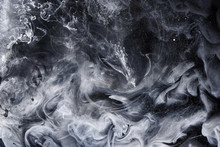 Abstract Black And White Swirling Smoke Background. Cumulus Thunderclouds, Mysterious And Frightening Sky. Paints Colors Of Depression And Negative Emotions