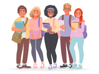 Wall Mural - Group of happy students. Guys and girls, a bunch of college friends. Young cheerful people with books in their hands